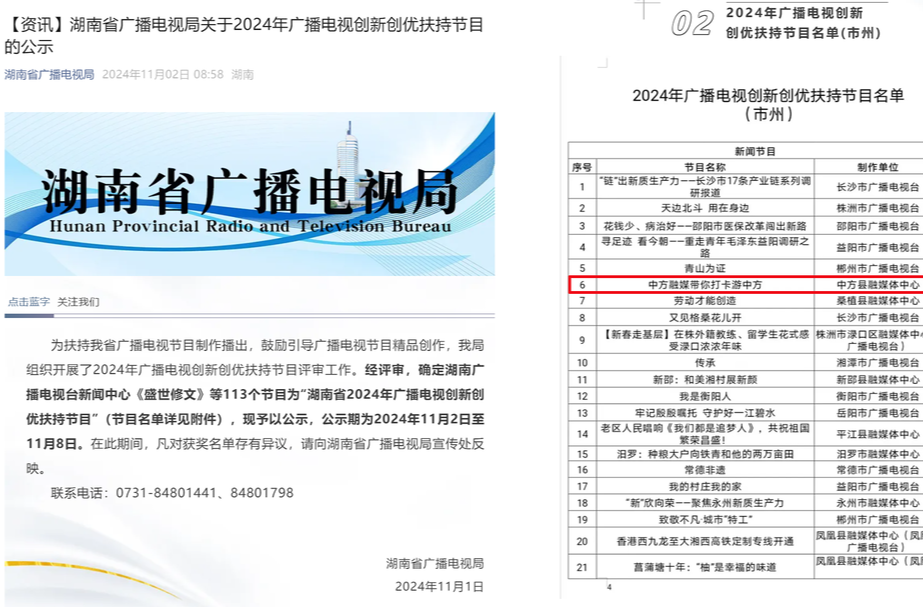 喜讯！《中方融媒带你打卡游中方》入选省广播电视创新创优扶持节目