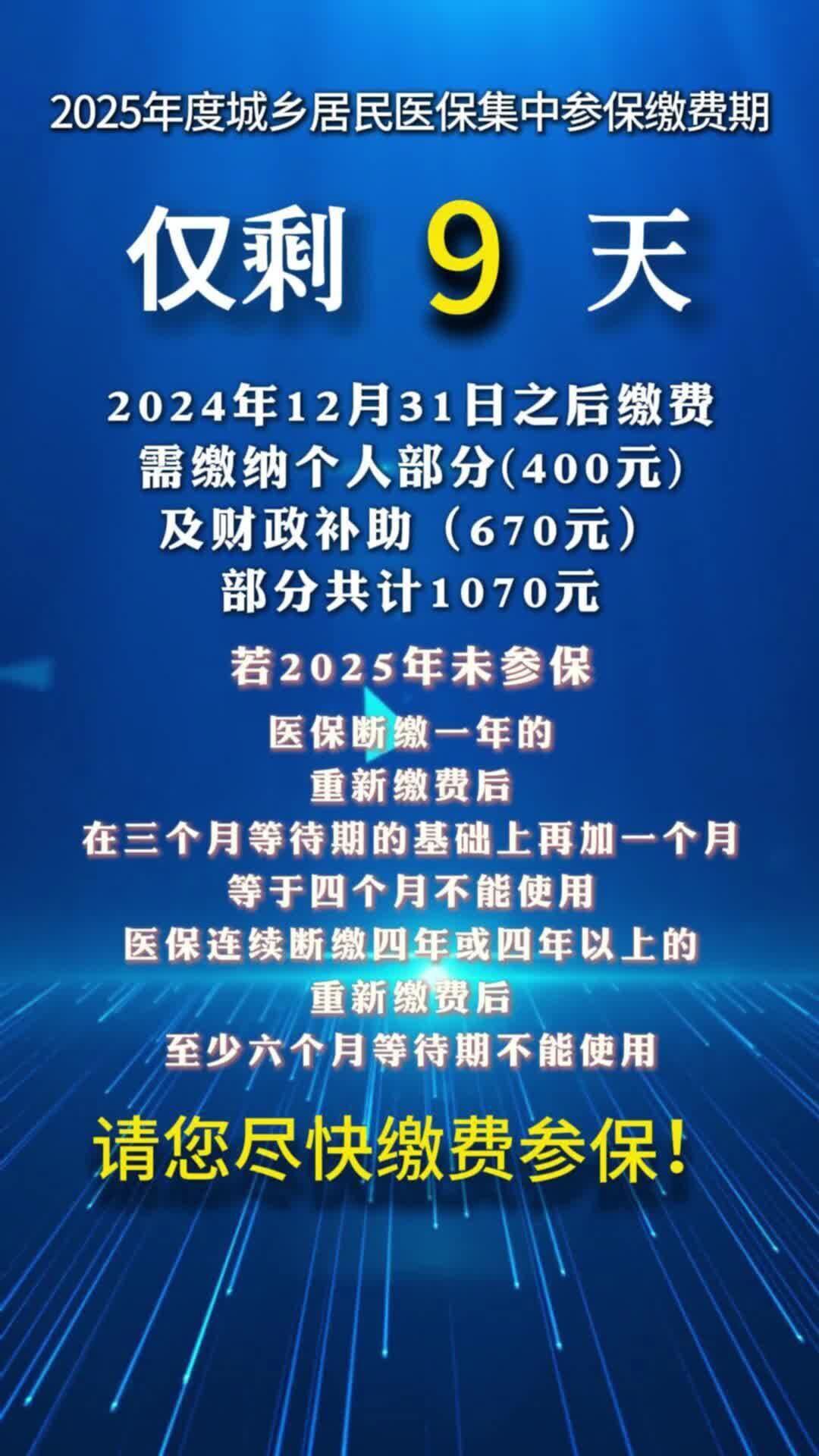 視頻|2025年度城鄉(xiāng)居民醫(yī)保集中參保繳費期僅剩9天！請您盡快繳費！