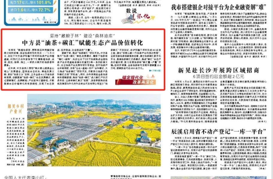 怀化日报头版|坚持“藏粮于林” 建设“森林油库”  中方县“油茶+碳汇”赋能生态产品价值转化