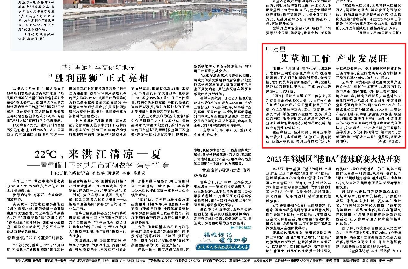 怀化日报头版|中方县 艾草加工忙 产业发展旺