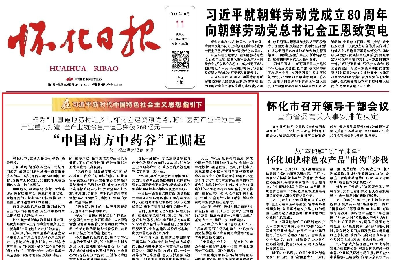 怀化日报头版头条|“中国南方中药谷”正崛起 作为“中国道地药材之乡”