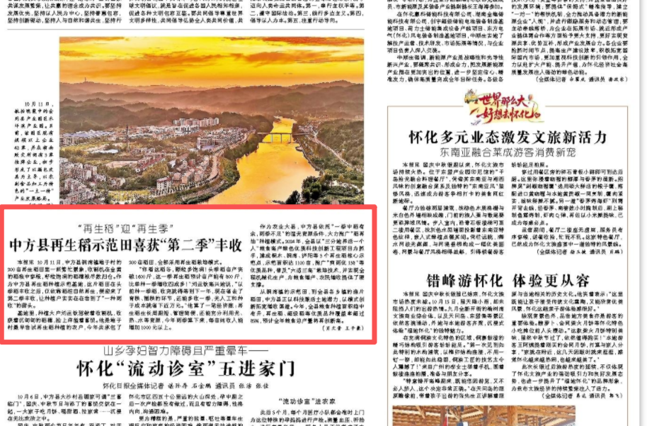 怀化日报头版|“再生稻”迎“再生季”  中方县再生稻示范田喜获“第二季”丰收