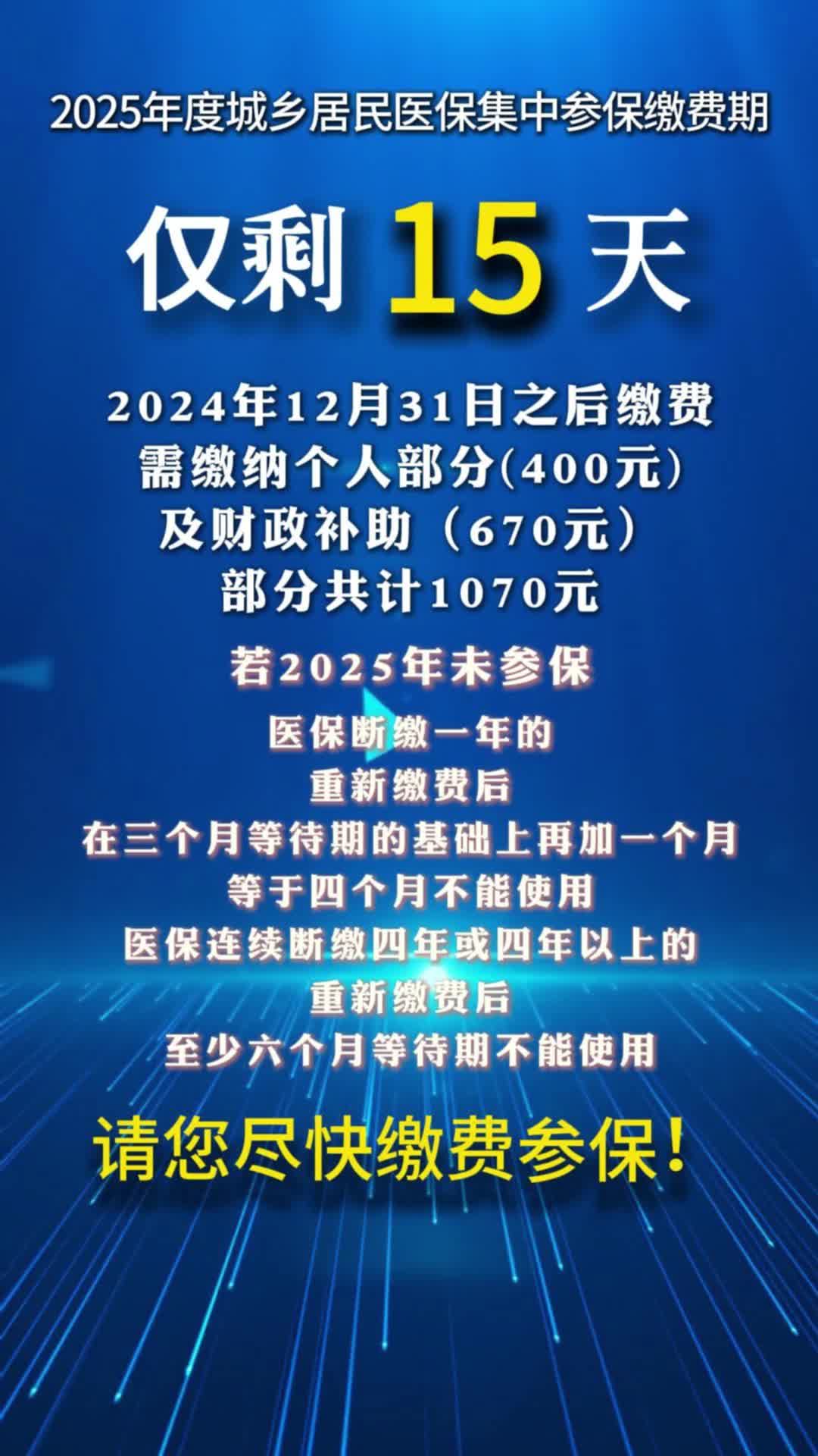 视频|2025年度城乡居民医保集中参保缴费期仅剩15天