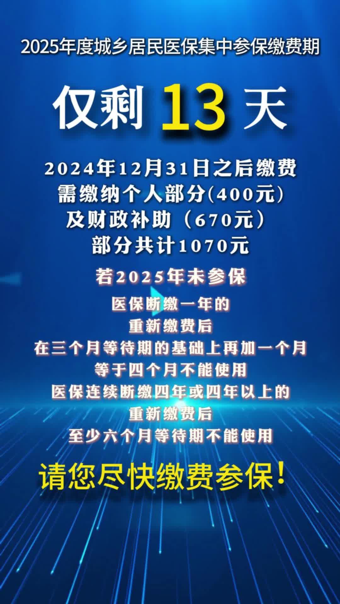2025年度城乡居民医保集中参保缴费期仅剩13天！请您尽快缴费！