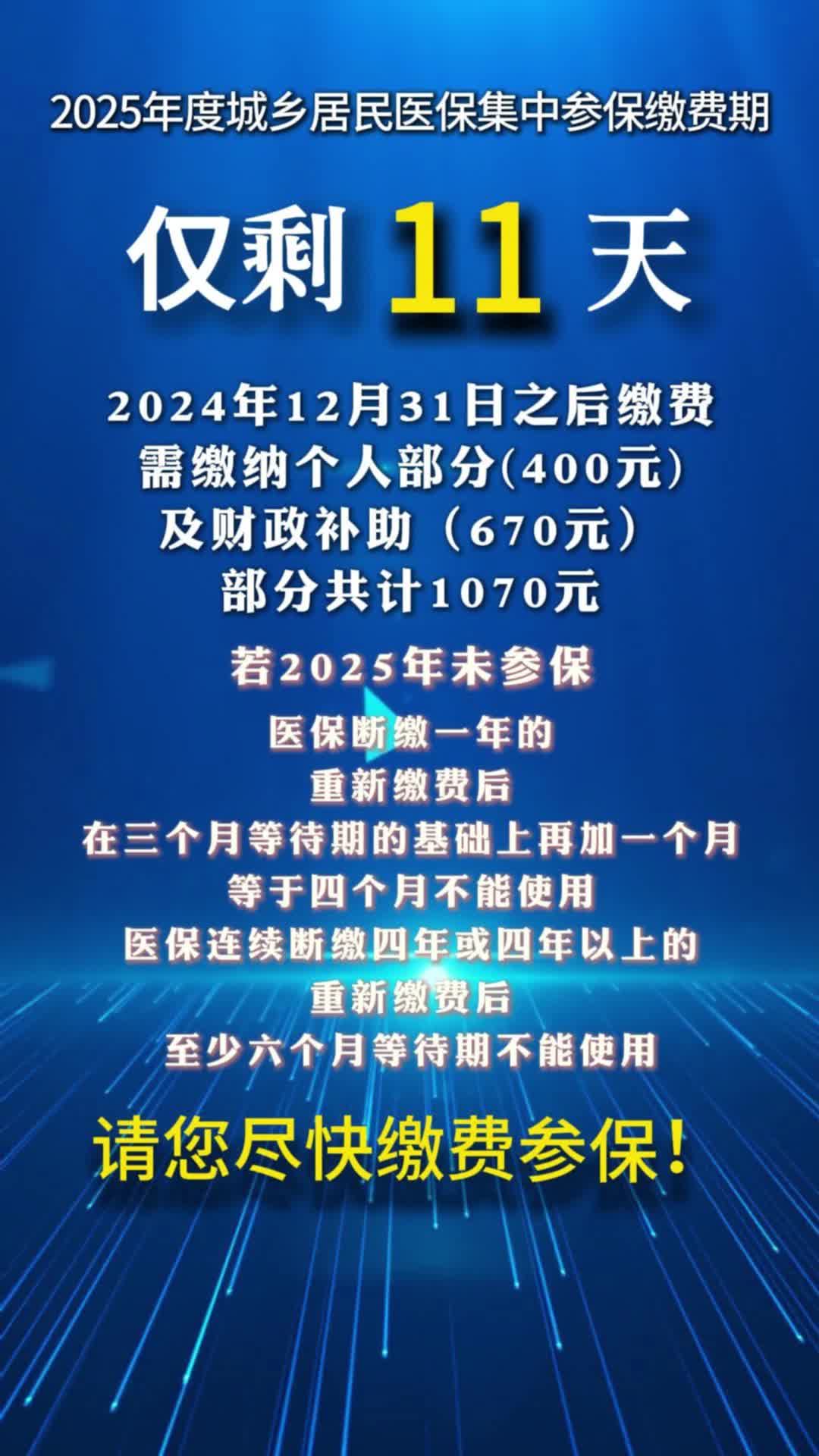 视频|2025年度城乡居民医保集中参保缴费期仅剩11天！请您尽快缴费！