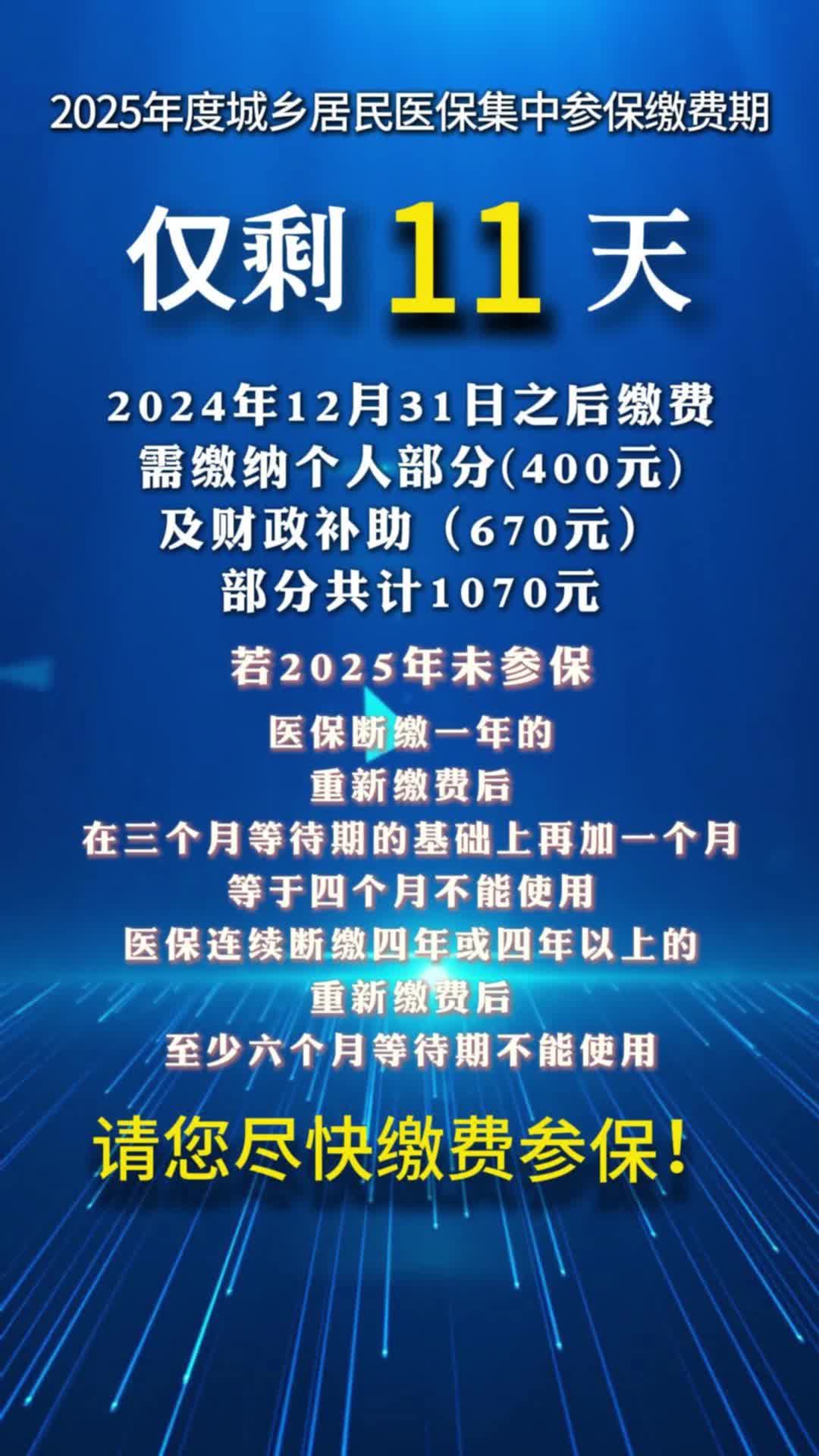 视频|2025年度城乡居民医保集中参保缴费期仅剩11天！请您尽快缴费！