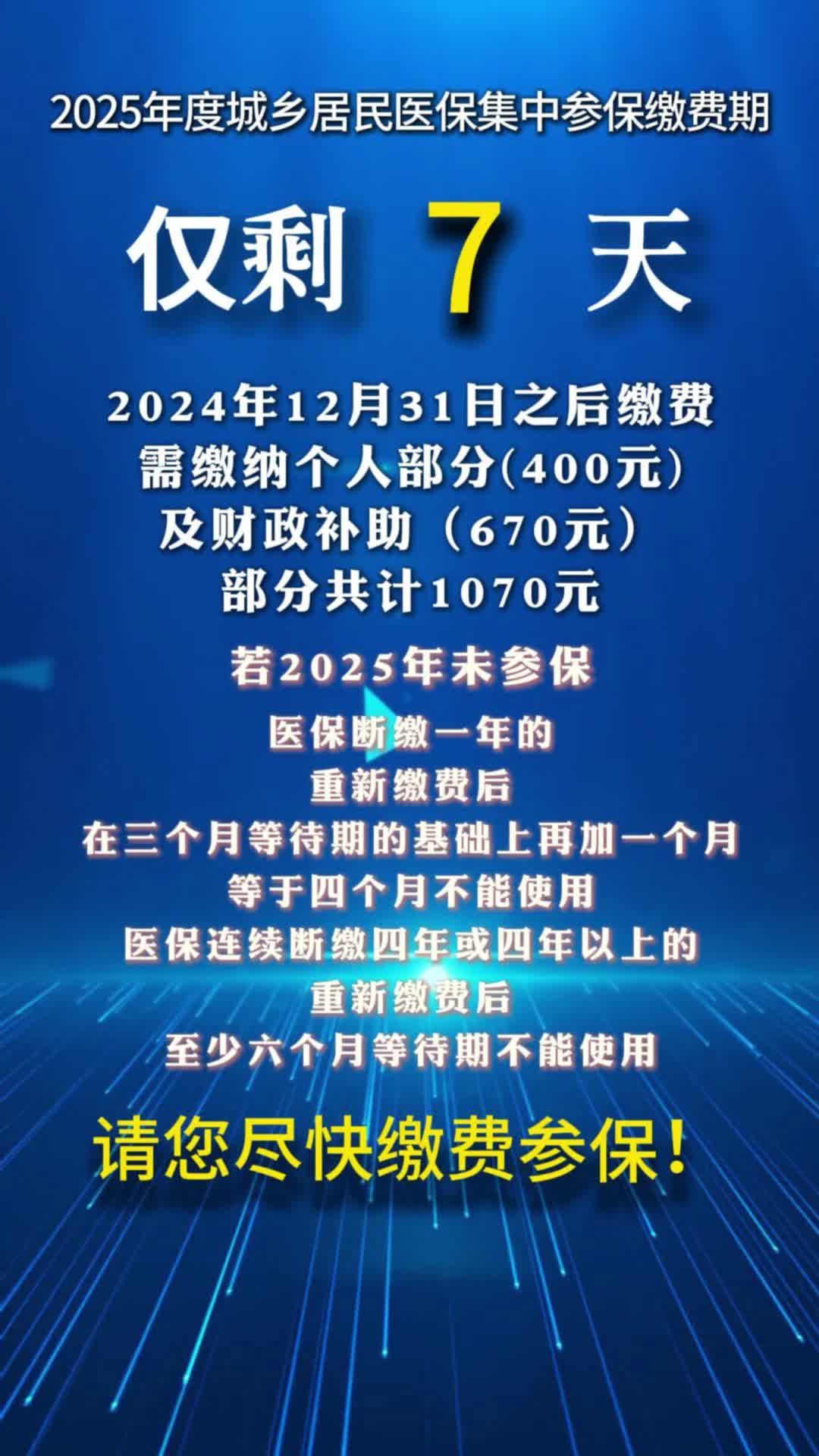 视频|2025年度城乡居民医保集中参保缴费期仅剩7天！请您尽快缴费！