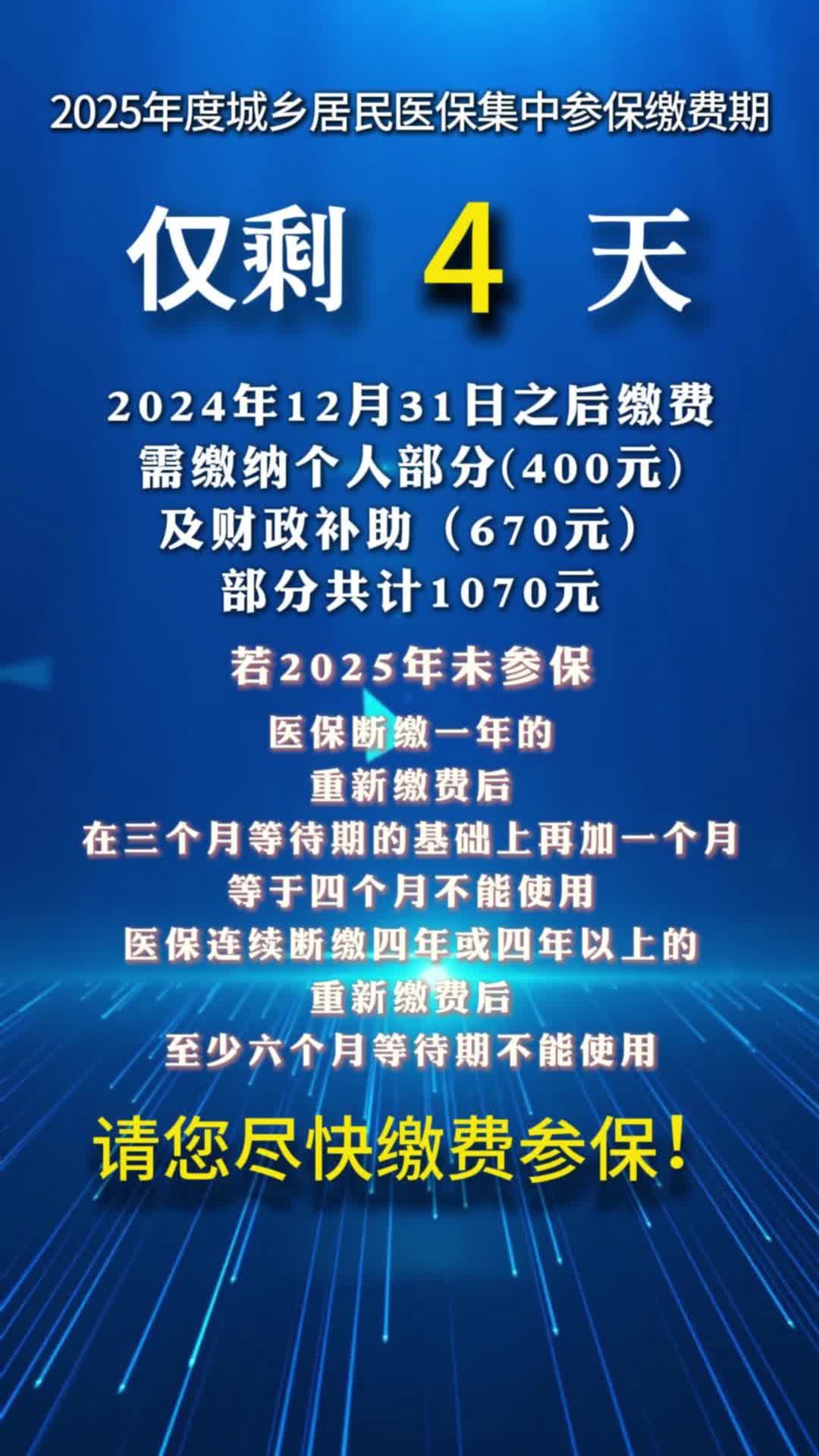 视频|2025年度城乡居民医保集中参保缴费期仅剩4天！请您尽快缴费！