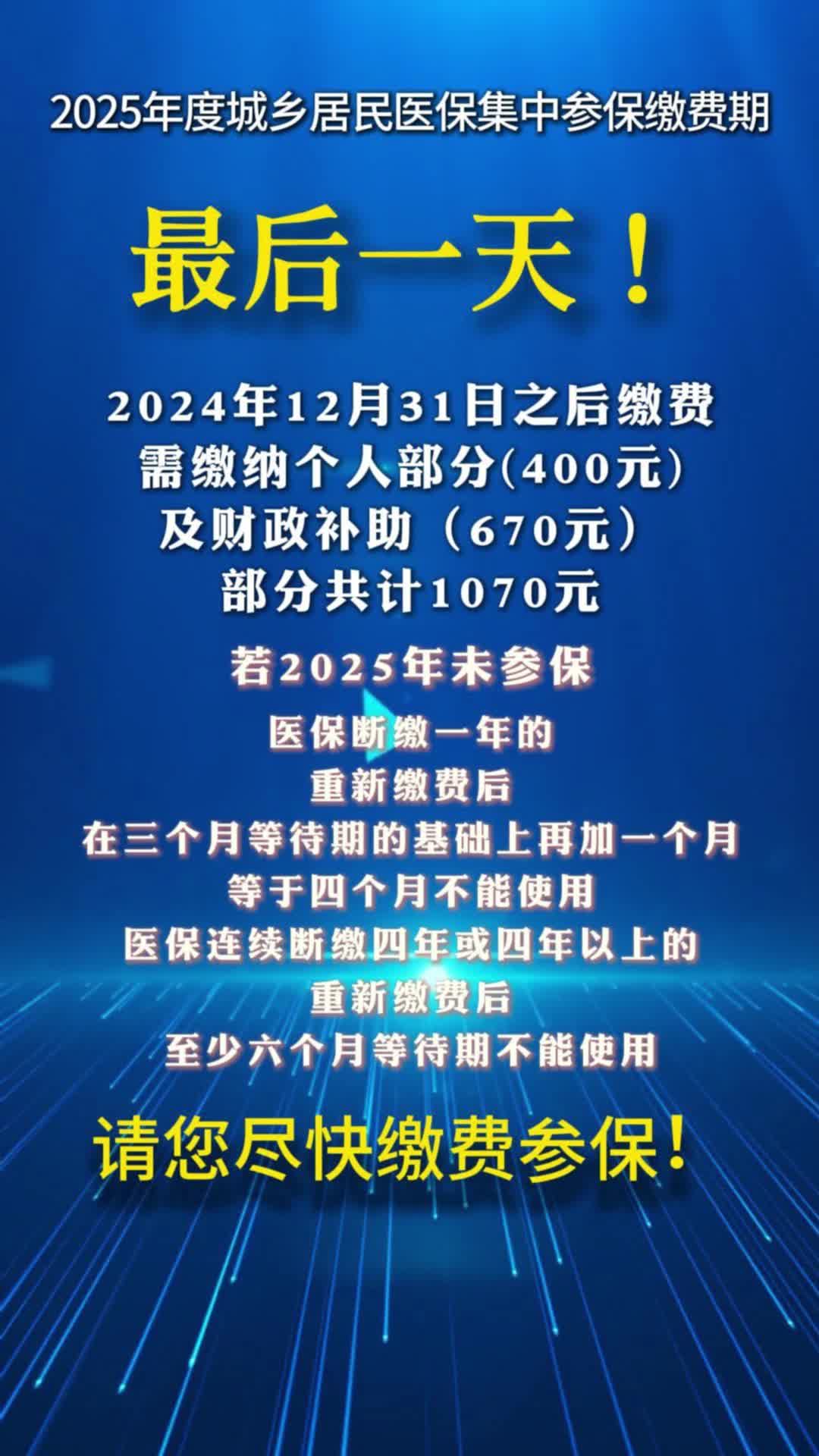 视频|2025年度城乡居民医保集中参保缴费期最后一天！请您尽快缴费！